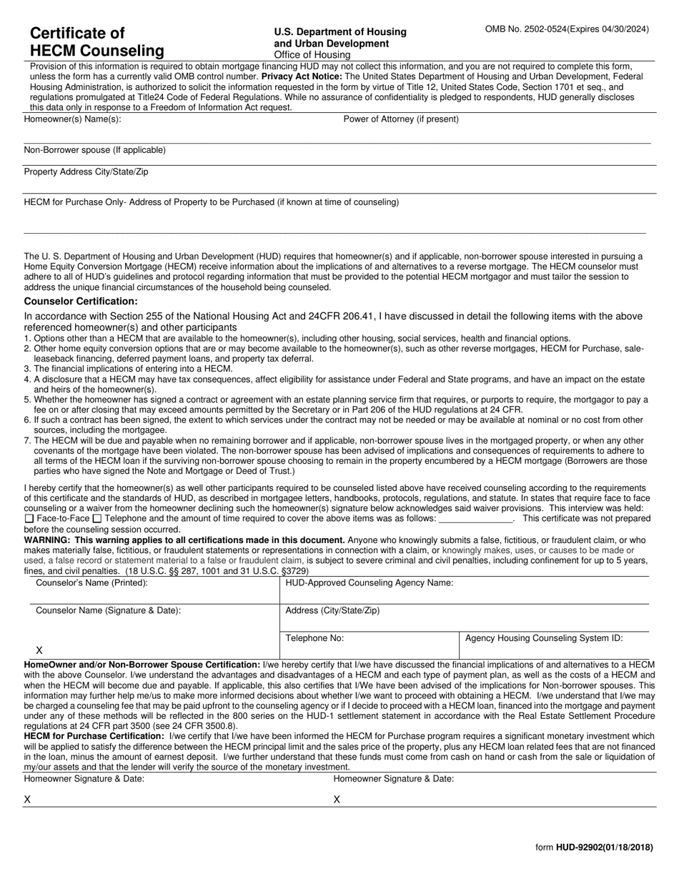 Form HUD-92902 Certificate of Hecm Counseling, Page 1