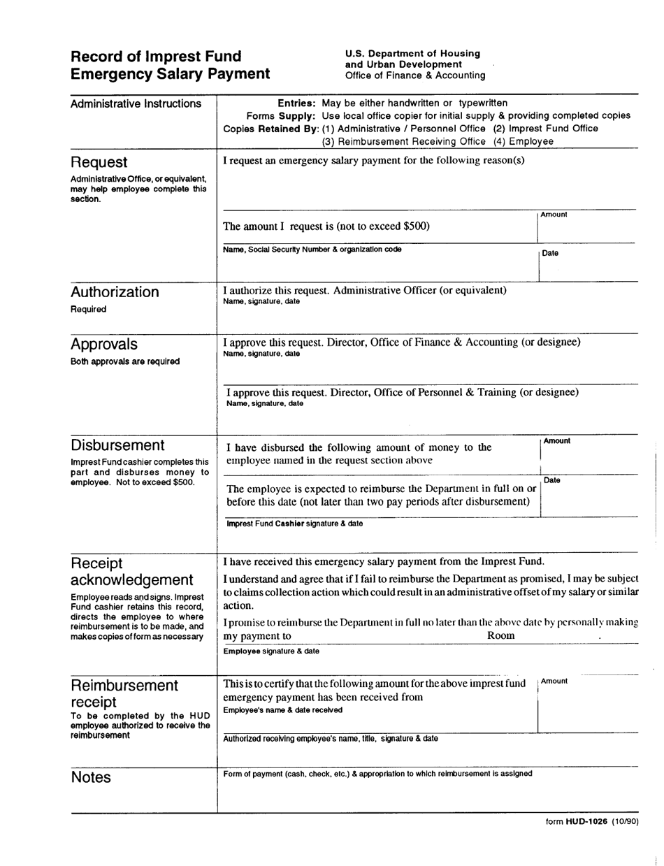 Form HUD-1026 Record of Imprest Fund Emergency Salary Payment, Page 1