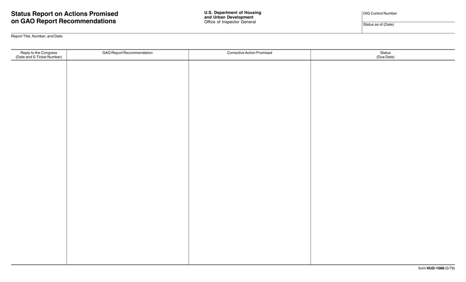 Form HUD-1068 Status Report on Actions Promised on Gao Report Recommendations, Page 1