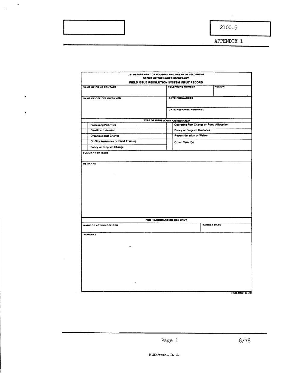 Form HUD-1069 Appendix 1 Field Issue Resolution System Input Record, Page 1