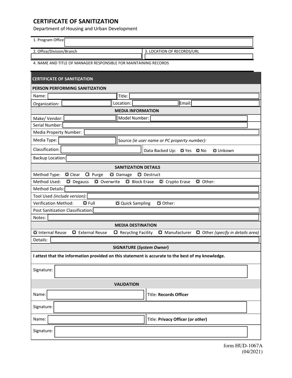 Form HUD-1067A Certificate of Sanitization, Page 1