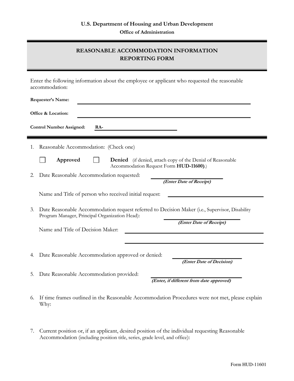 Form HUD-11601 Reasonable Accommodation Information Reporting Form, Page 1