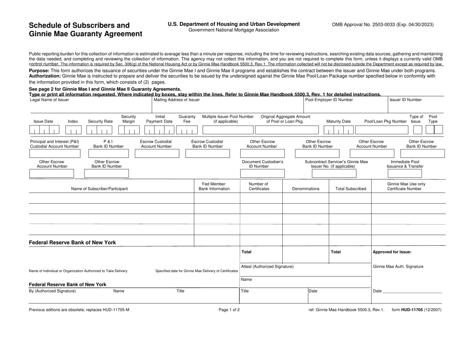 Form HUD-11705 Schedule of Subscribers and Ginnie Mae Guaranty Agreement, Page 1