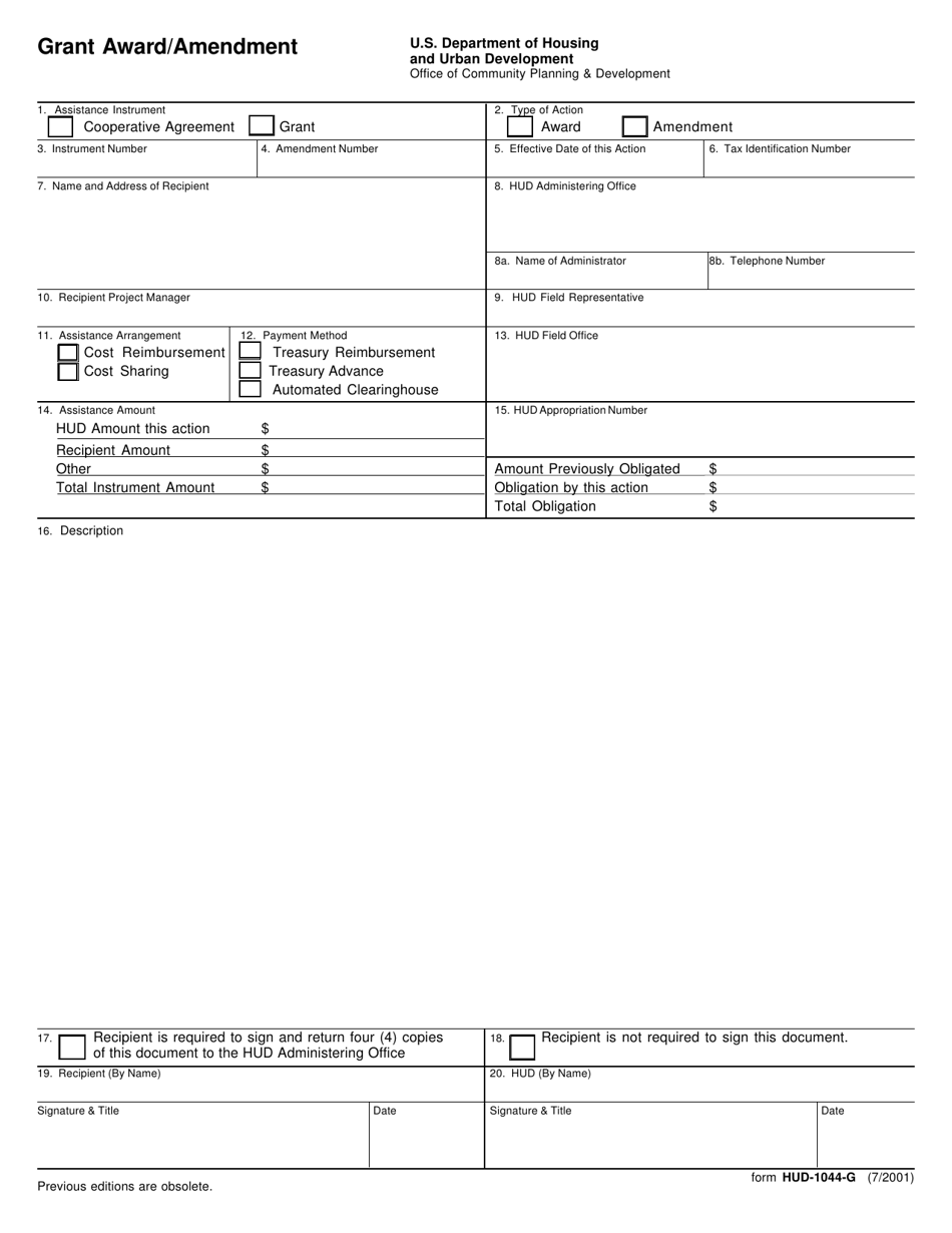Form HUD-1044-G Grant Award / Amendment, Page 1