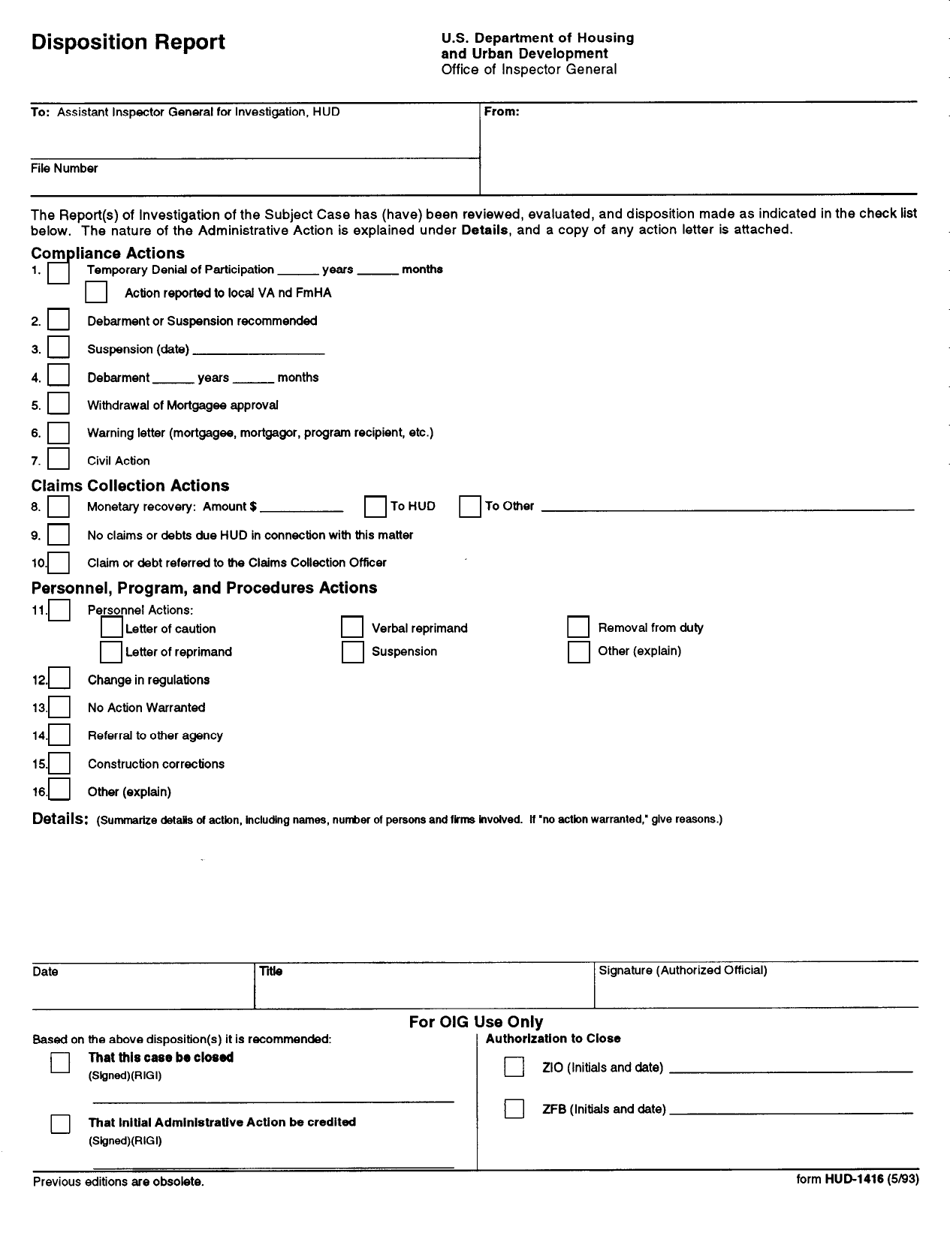 Form HUD-1416 Disposition Report, Page 1