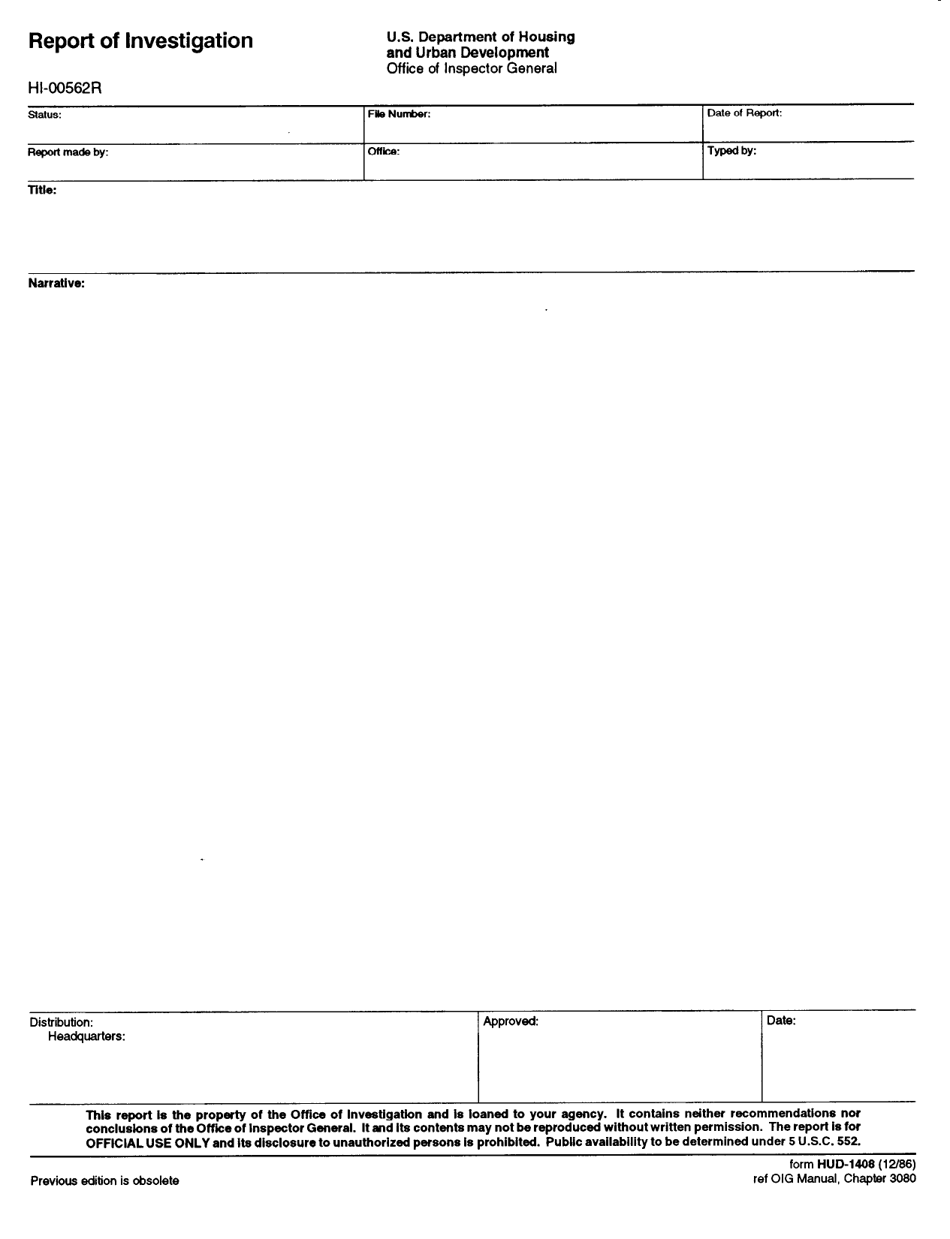 Form HUD-1408 Report of Investigation, Page 1