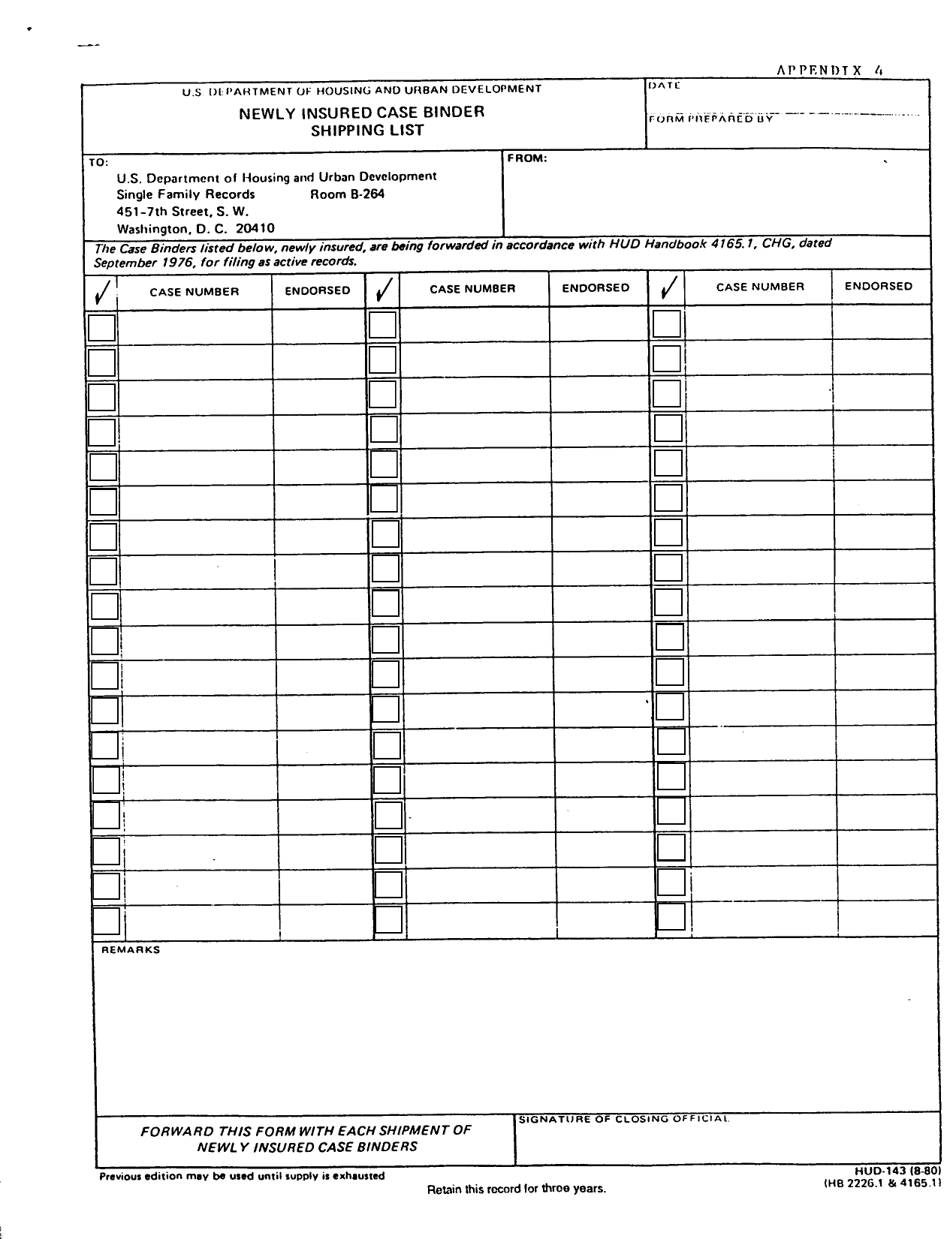 Form HUD-143 Appendix 4 Newly Insured Case Binder Shipping List, Page 1