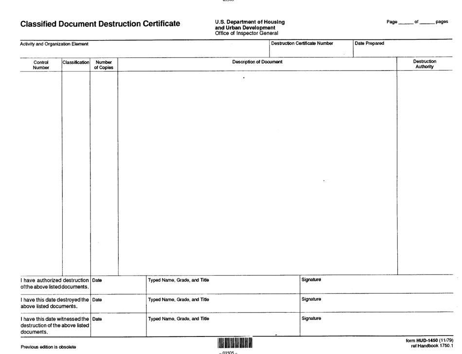 Form HUD-1450 Classified Document Destruction Certificate, Page 1