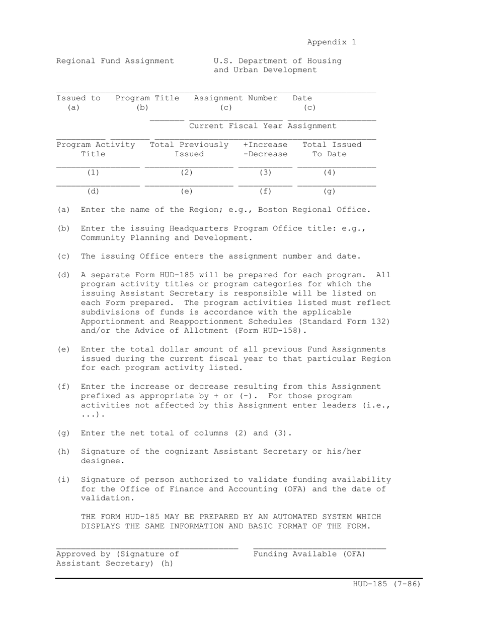 Form HUD-185 Appendix 1 Regional Fund Assignment, Page 1