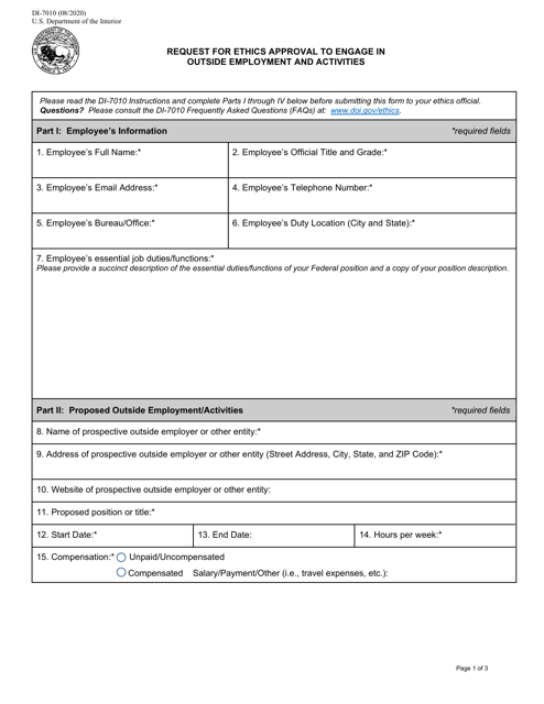 Form DI-7010 Request for Ethics Approval to Engage in Outside Employment and Activities