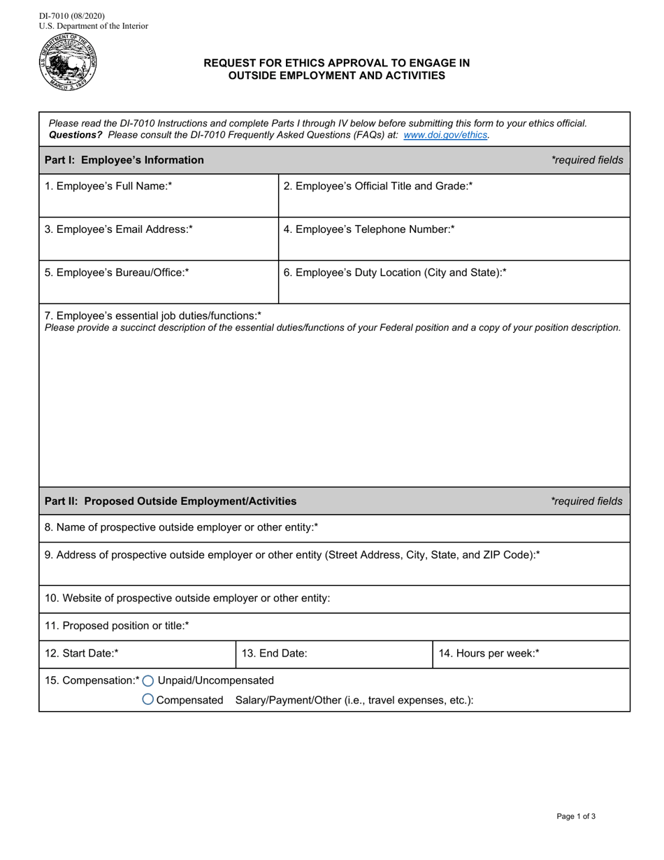 Form DI-7010 Request for Ethics Approval to Engage in Outside Employment and Activities, Page 1