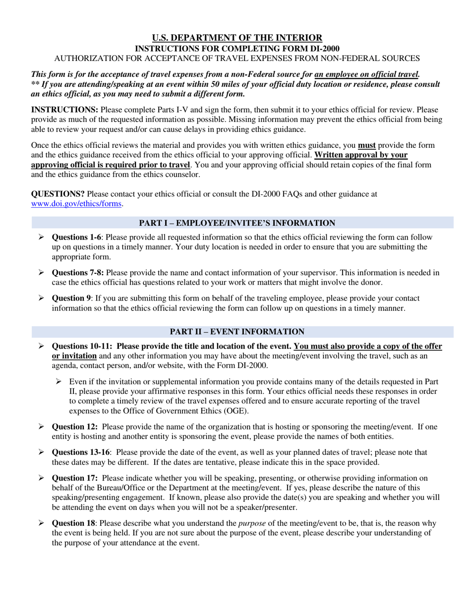 Instructions for Form DI-2000 Authorization for Acceptance of Travel Expenses From Non-federal Sources, Page 1