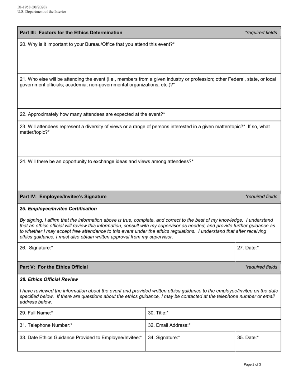 Form DI-1958 Authorization for Free Attendance at a Widely Attended Gathering, Page 2