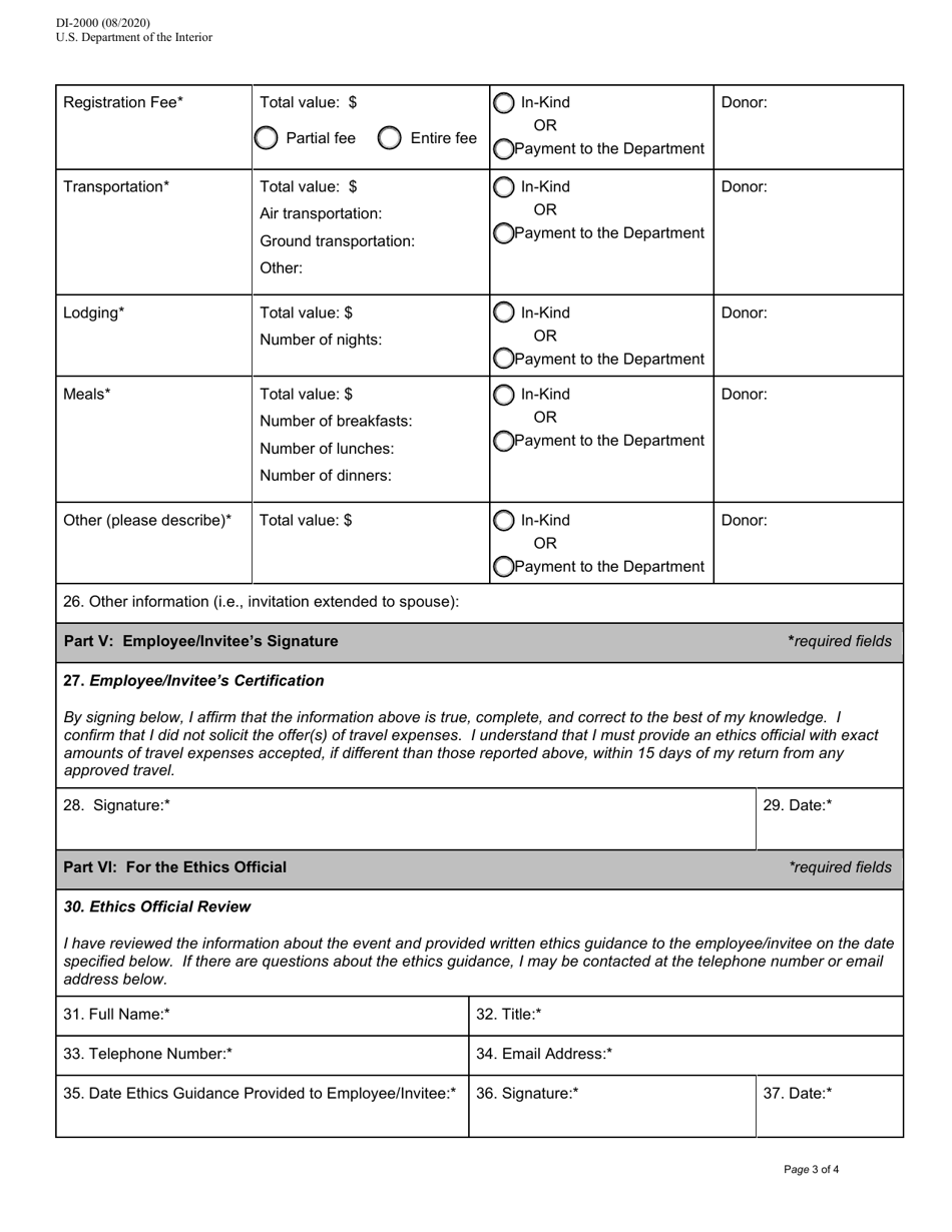 Form DI-2000 Authorization for Acceptance of Travel Expenses From Non-federal Sources, Page 3