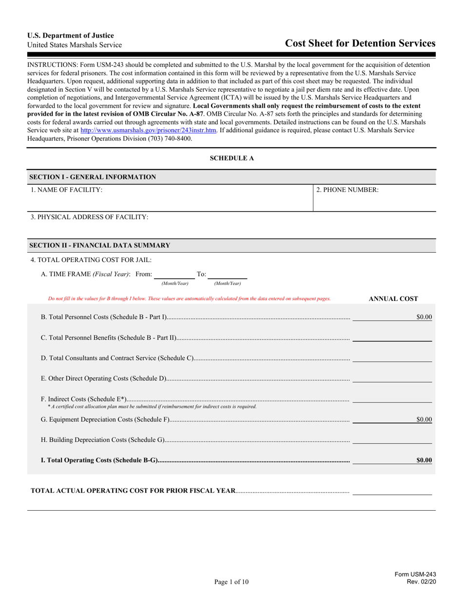 Form USM-243 Cost Sheet for Detention Services, Page 1