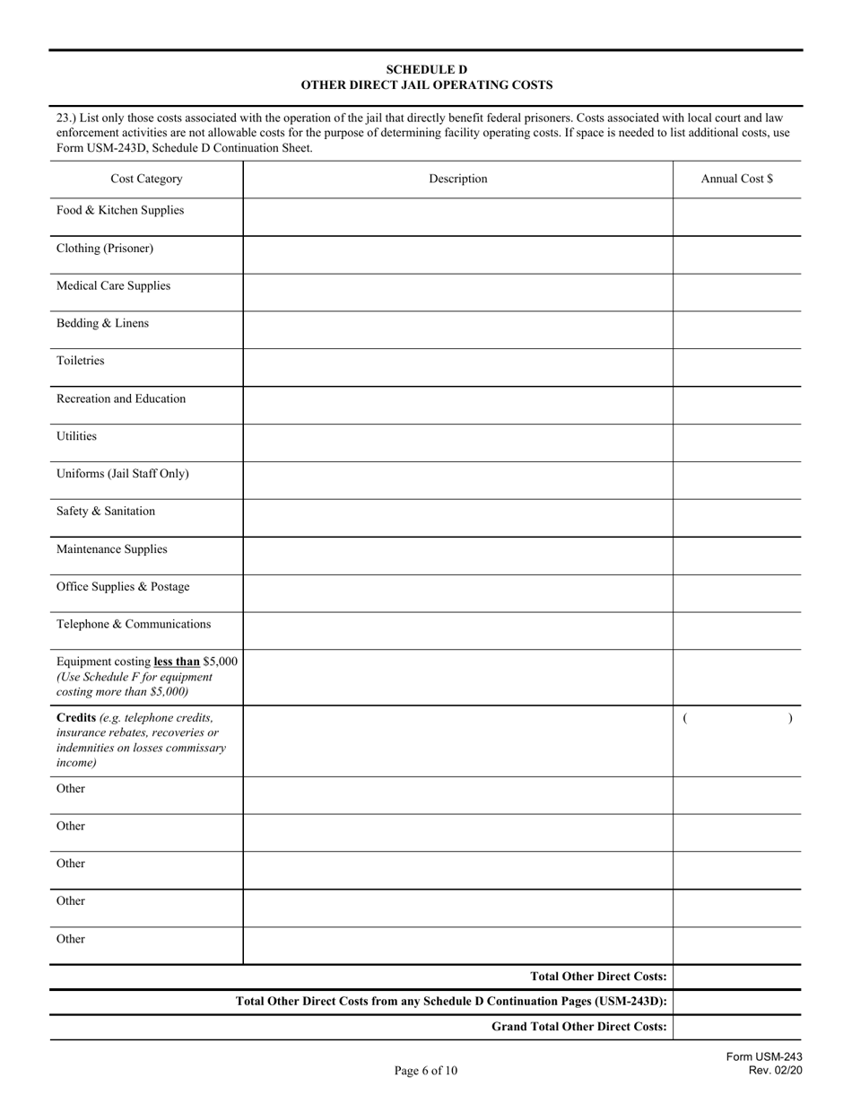 Form USM-243 Cost Sheet for Detention Services, Page 6