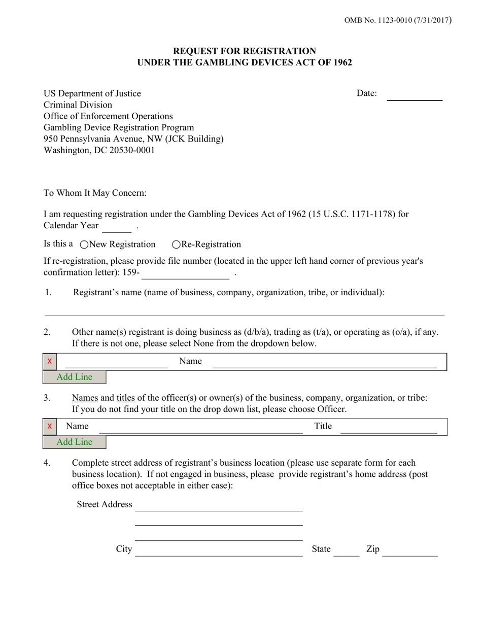 Request for Registration Under the Gambling Devices Act of 1962, Page 1