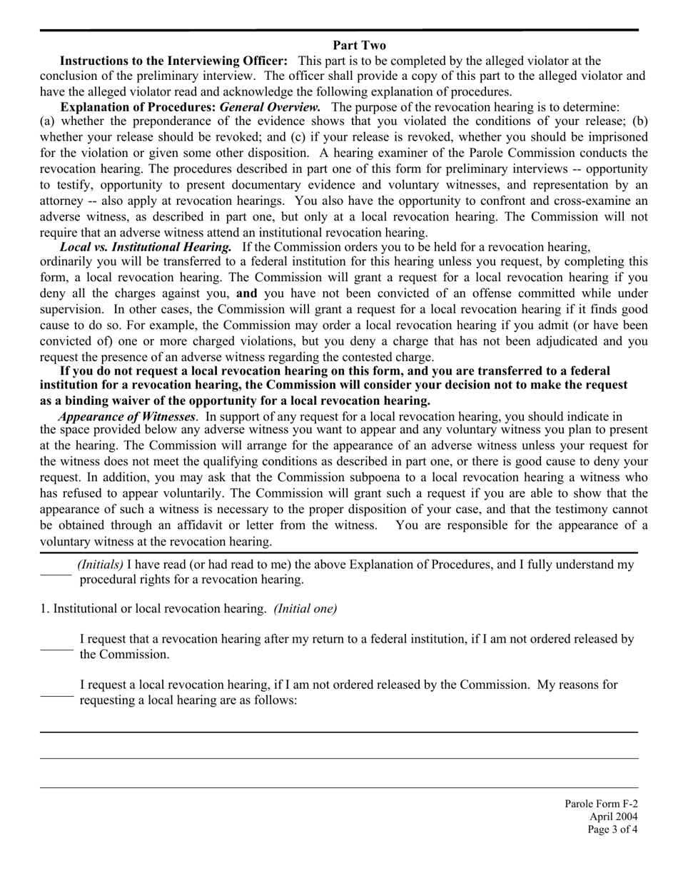 Parole Form F-2 Preliminary Interview and Revocation Hearing Form, Page 3