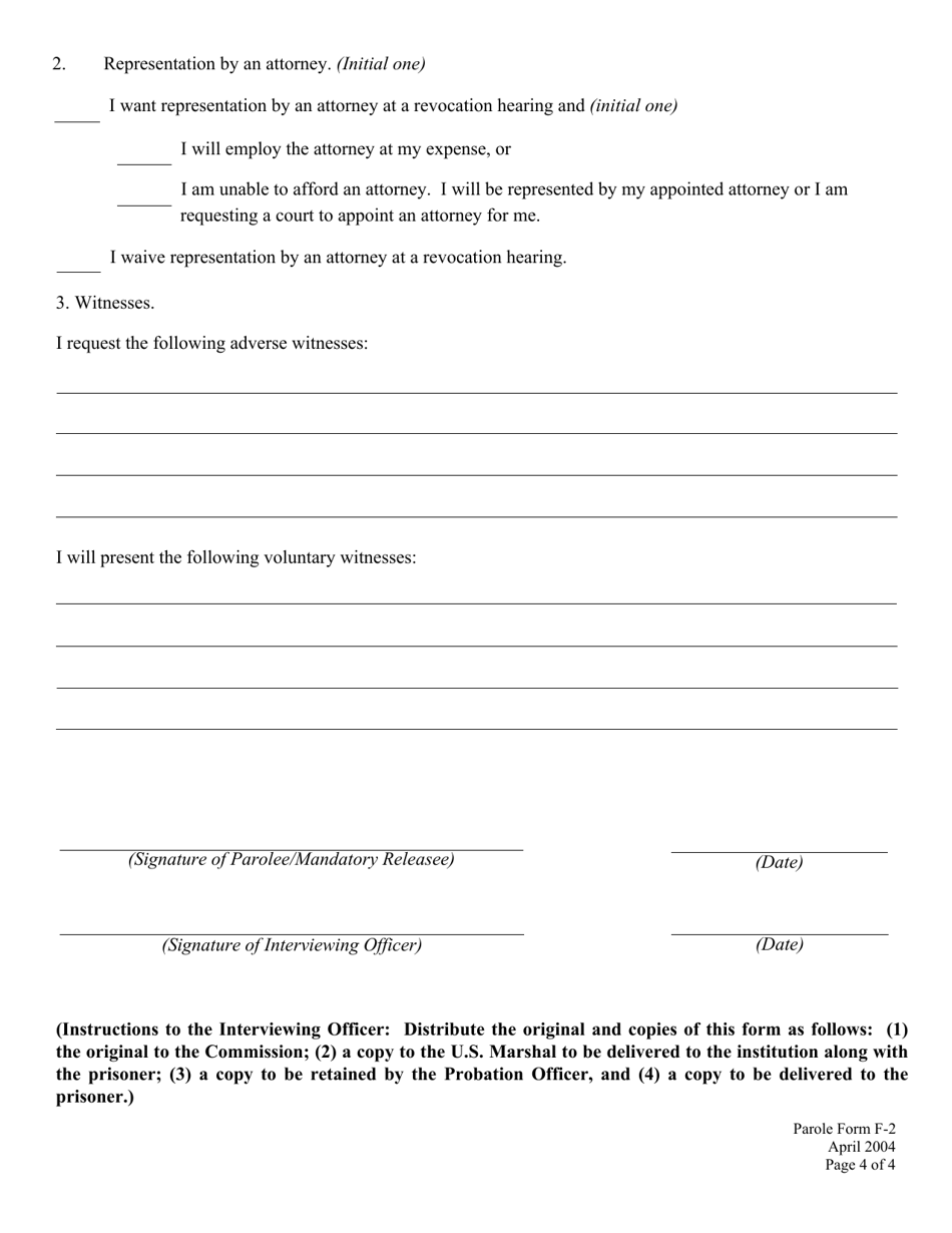 Parole Form F-2 Preliminary Interview and Revocation Hearing Form, Page 4