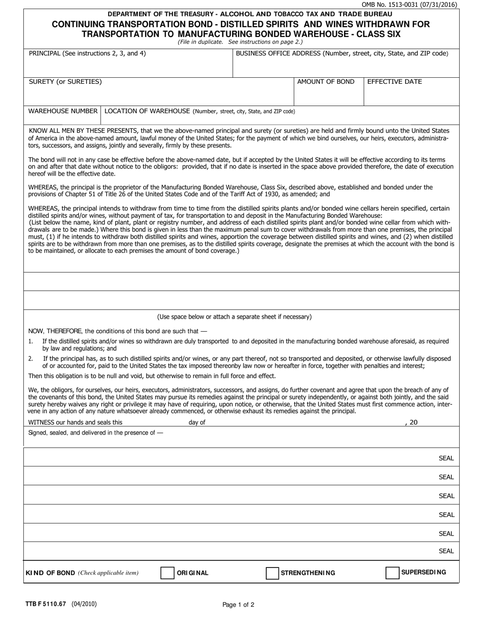 TTB Form 5110.67 Continuing Transportation Bond - Distilled Spirits and Wines Withdrawn for Transportation to Manufacturing Bonded Warehouse - Class Six, Page 1