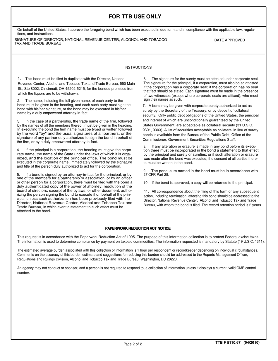TTB Form 5110.67 Continuing Transportation Bond - Distilled Spirits and Wines Withdrawn for Transportation to Manufacturing Bonded Warehouse - Class Six, Page 2