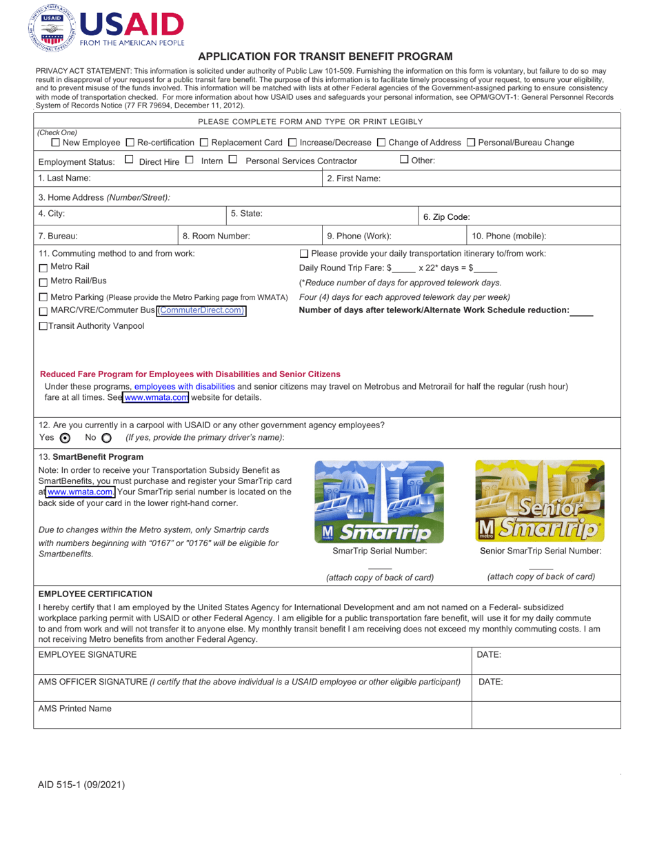 Form AID515-1 Application for Transit Benefit Program, Page 1