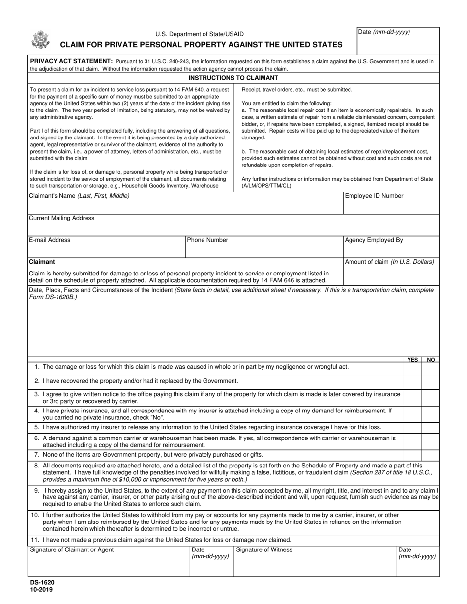 Form DS-1620 Claim for Private Personal Property Against the United States, Page 1