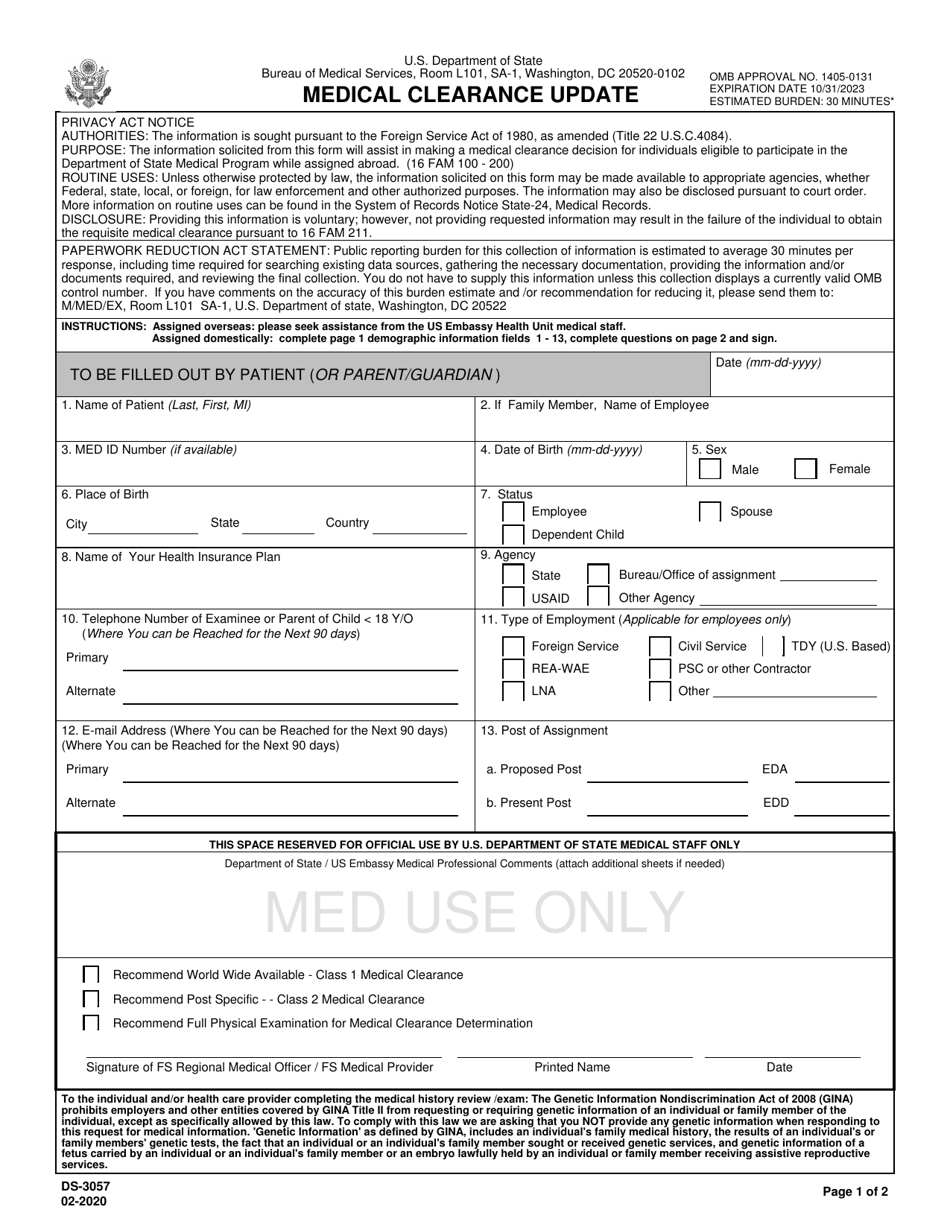 Form DS-3057 Medical Clearance Update, Page 1