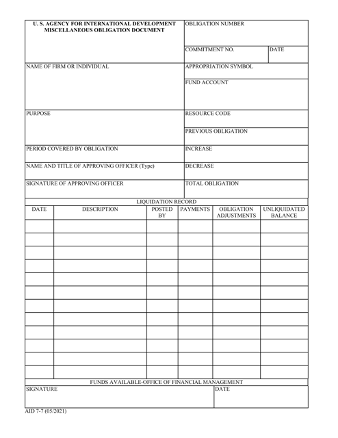 Form AID7-7 Miscellaneous Obligation Document