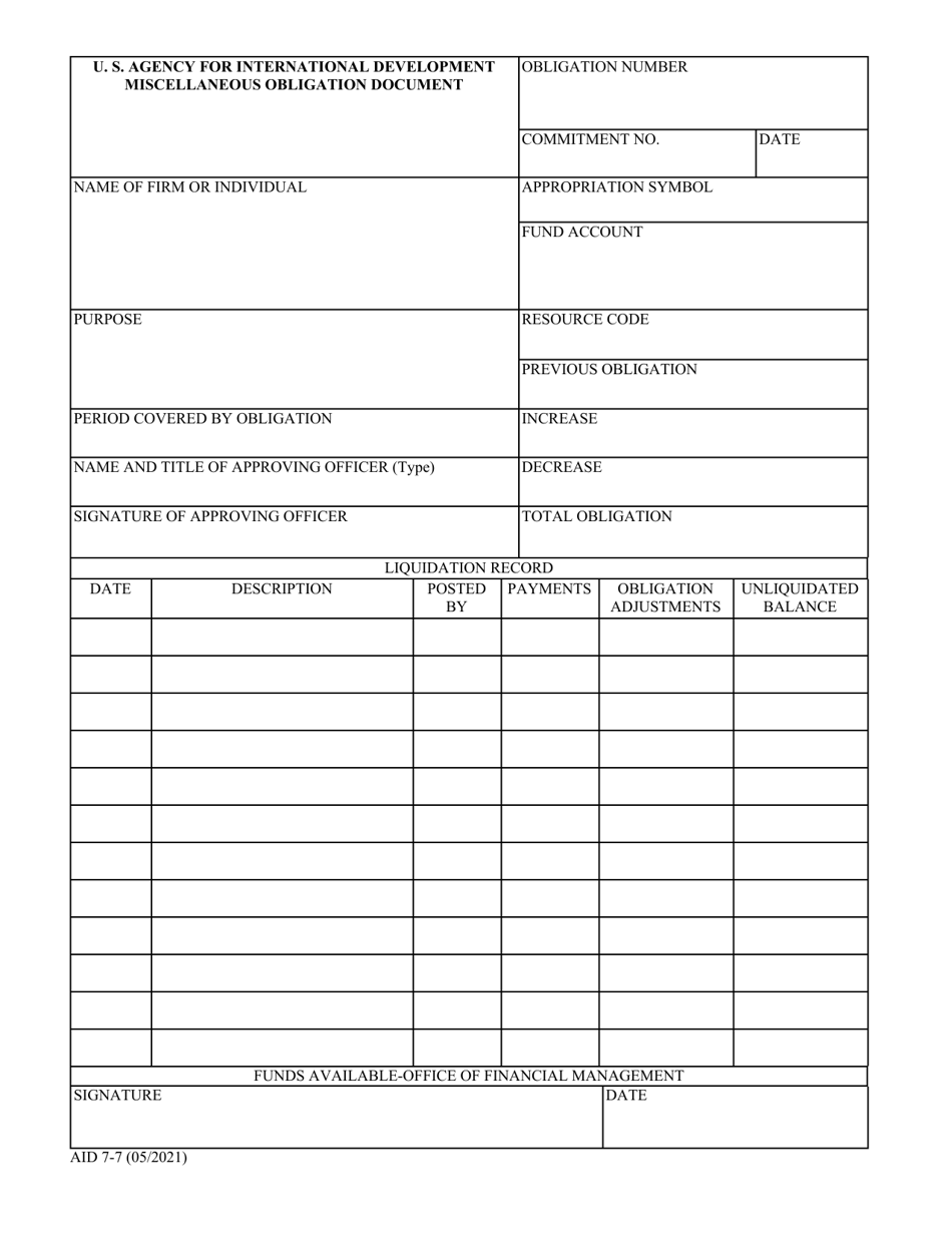 Form AID7-7 Miscellaneous Obligation Document, Page 1