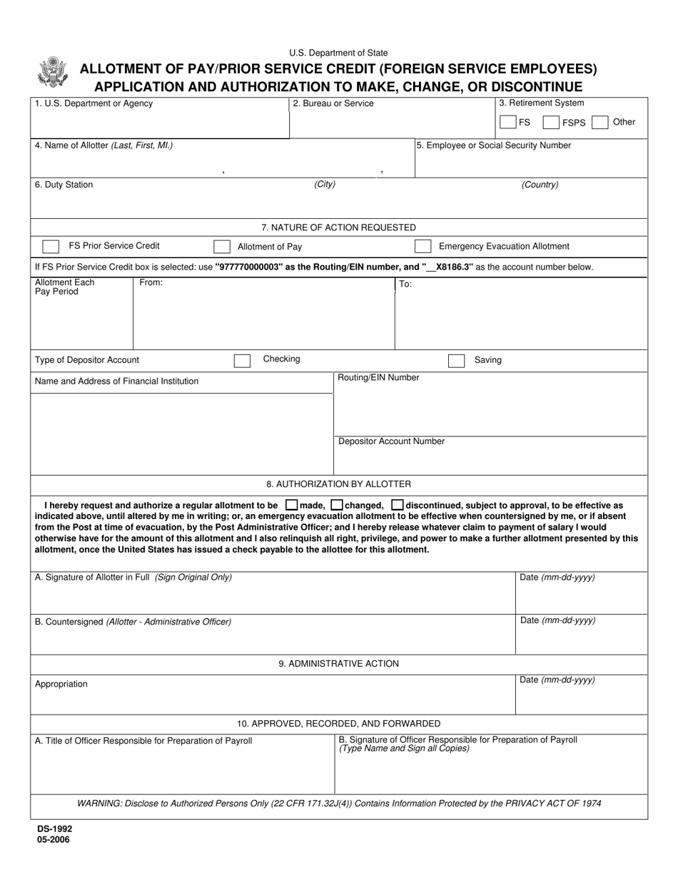Form DS-1992 Allotment of Pay / Prior Service Credit (Foreign Service Employees) Application and Authorization to Make, Change, or Discontinue, Page 1