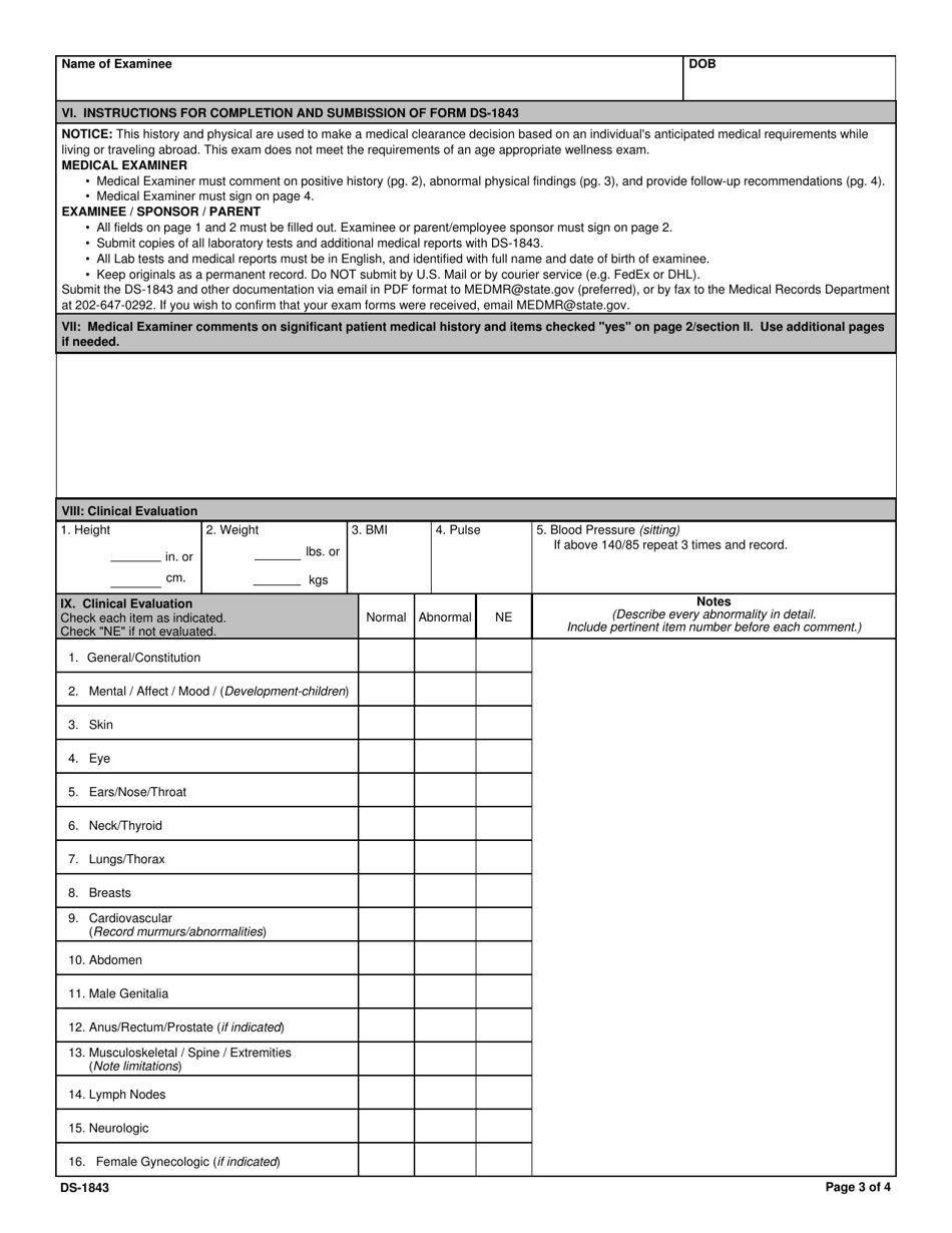 Form DS-1843 Medical History and Examination for Individuals Age 12 and Older, Page 3
