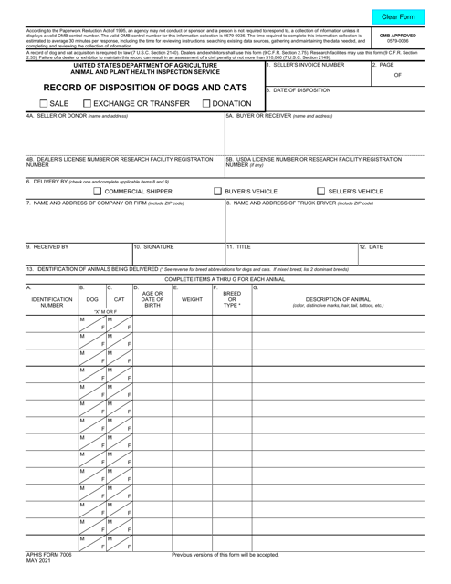 APHIS Form 7006 Record of Disposition of Dogs and Cats