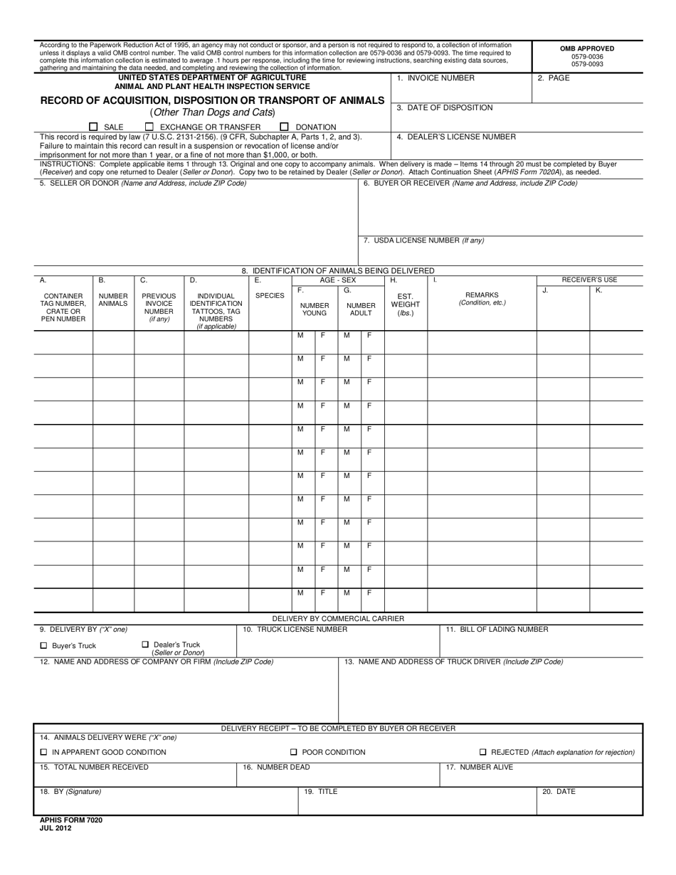 APHIS Form 7020 Record of Acquisition, Disposition or Transport of Animals (Other Than Dogs and Cats), Page 1