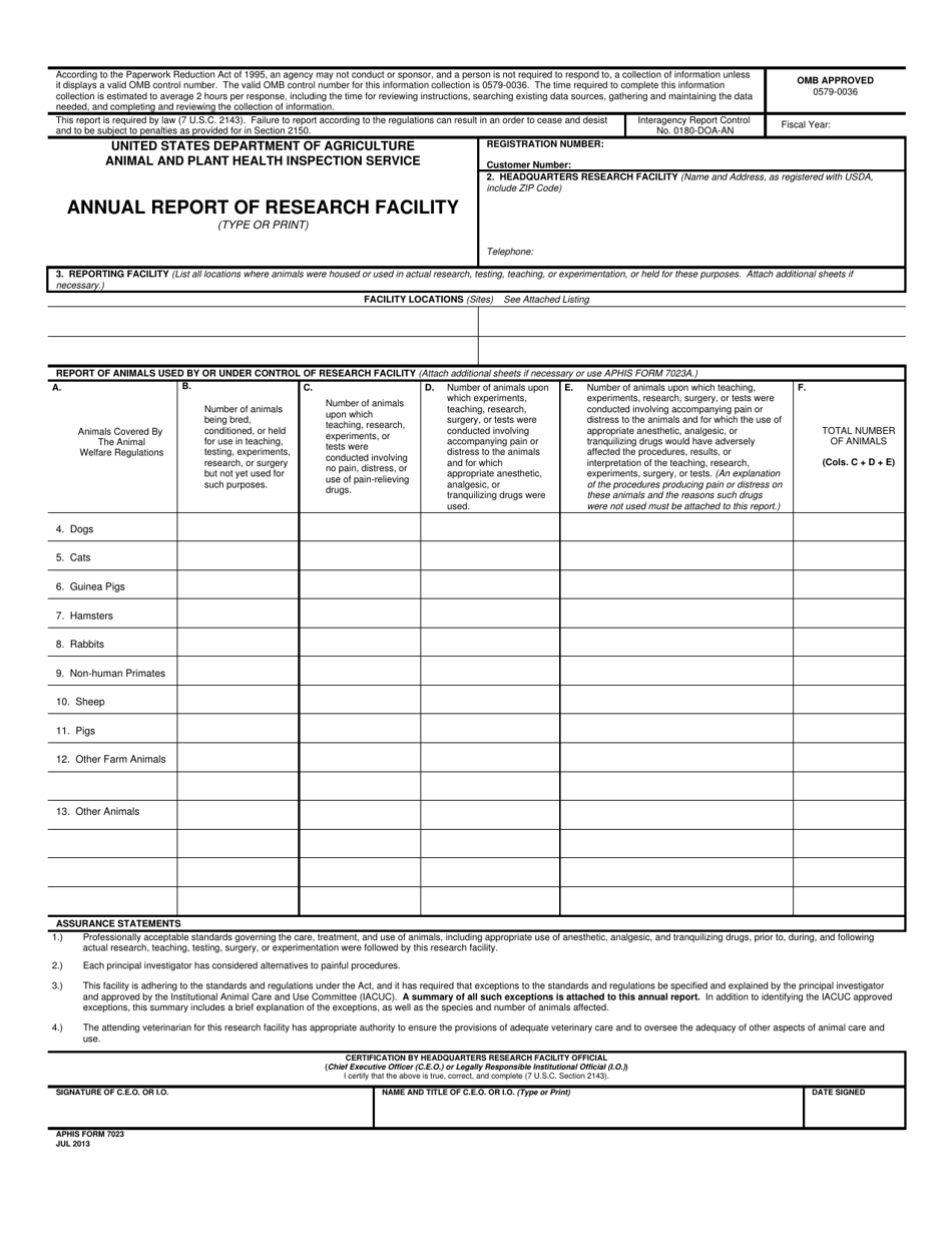 APHIS Form 7023 Annual Report of Research Facility, Page 1