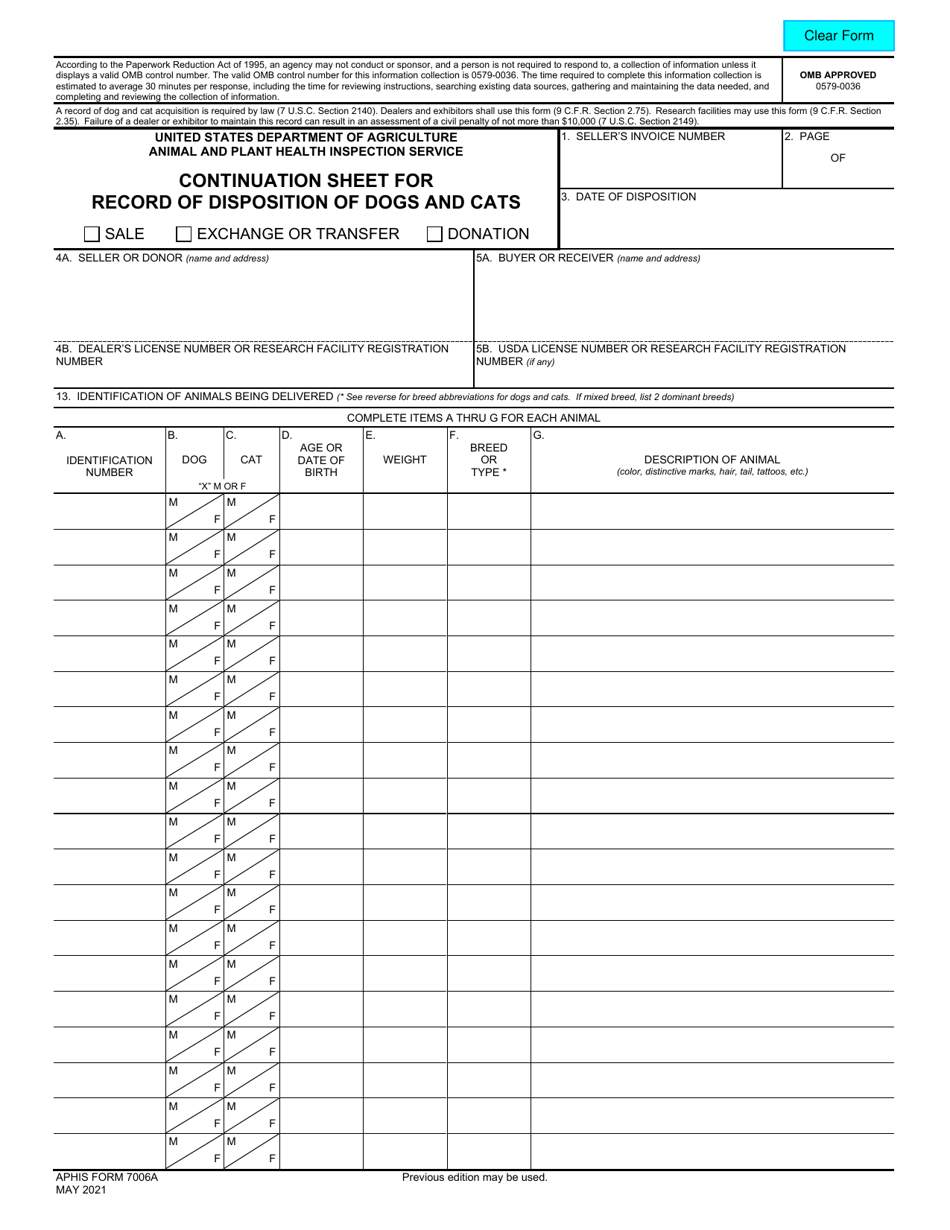 APHIS Form 7006A Continuation Sheet for Record of Disposition of Dogs and Cats, Page 1