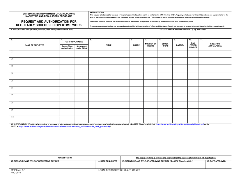 MRP Form 2-R Request and Authorization for Regularly Scheduled Overtime Work