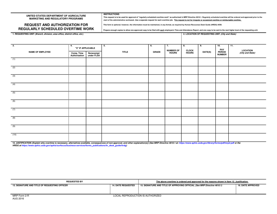 MRP Form 2-R Request and Authorization for Regularly Scheduled Overtime Work, Page 1