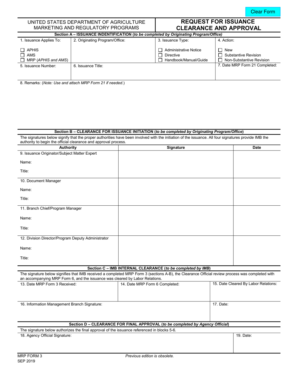 MRP Form 3 Request for Issuance Clearance and Approval, Page 1