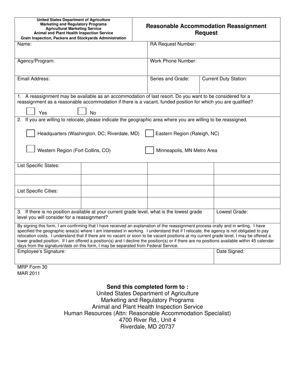 MRP Form 30 Reasonable Accommodation Reassignment Request, Page 1