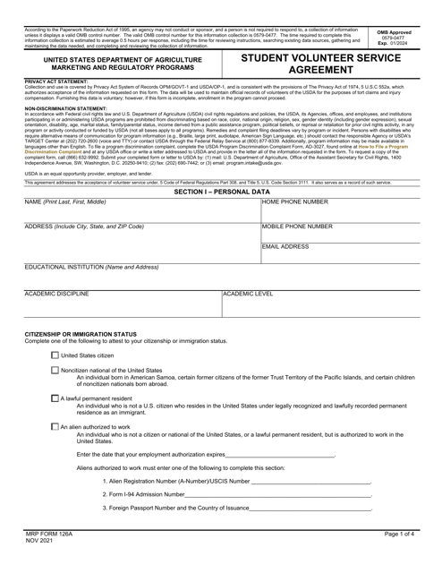 MRP Form 126A Student Volunteer Service Agreement