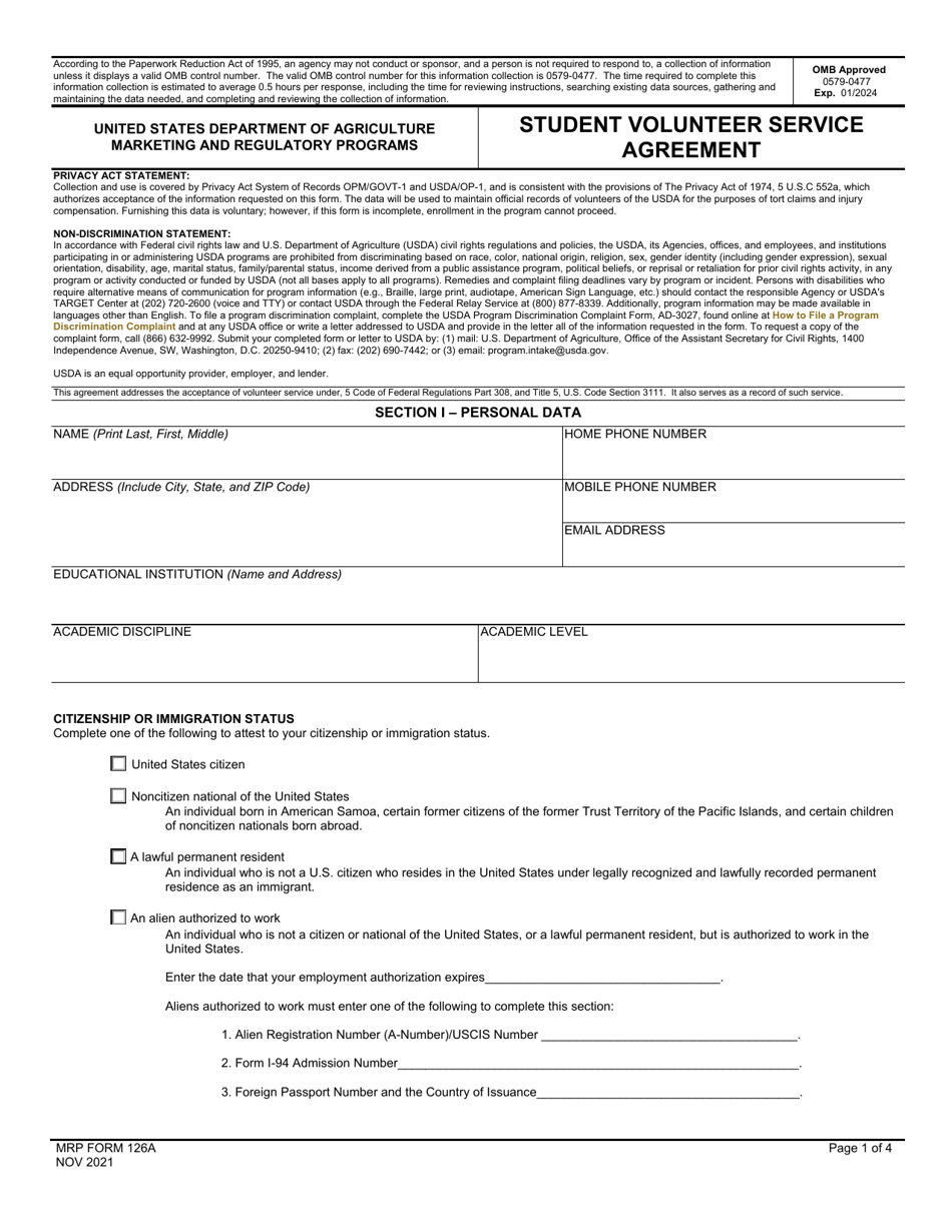 MRP Form 126A Student Volunteer Service Agreement, Page 1