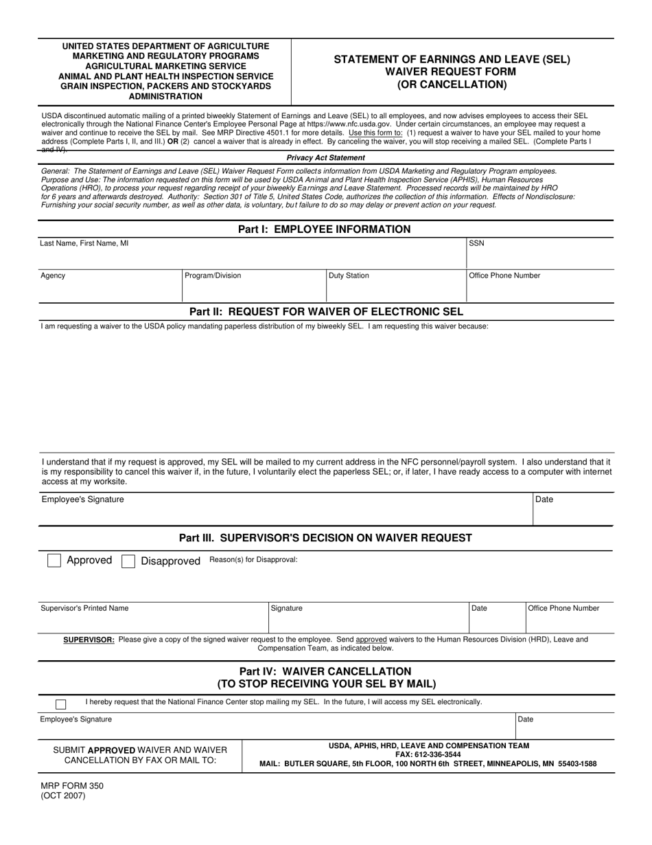 MRP Form 350 Statement of Earnings and Leave (Sel) Waiver Request Form (Or Cancellation), Page 1