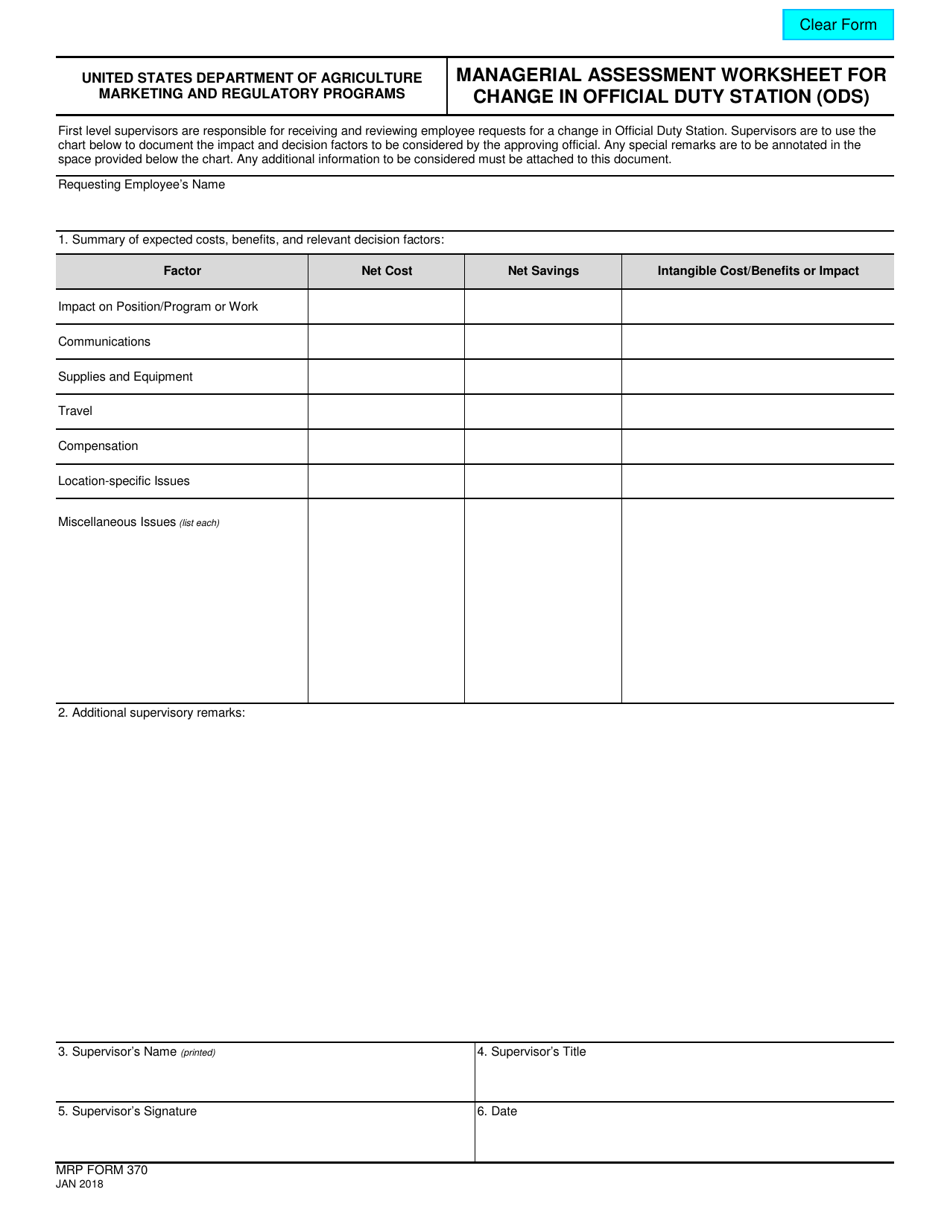 MRP Form 370 Managerial Assessment Worksheet for Change in Official Duty Station (Ods), Page 1