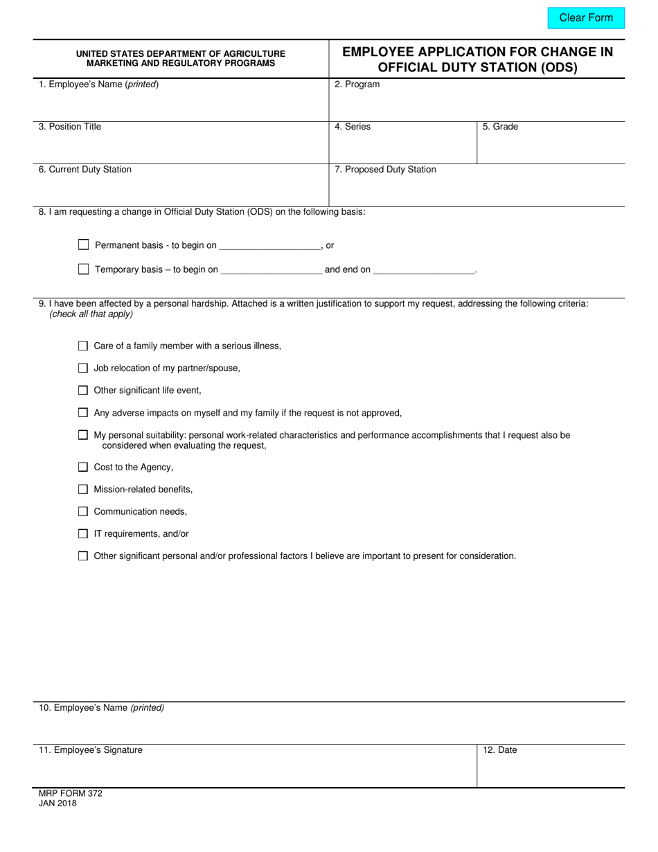 MRP Form 372 Employee Application for Change in Official Duty Station (Ods), Page 1