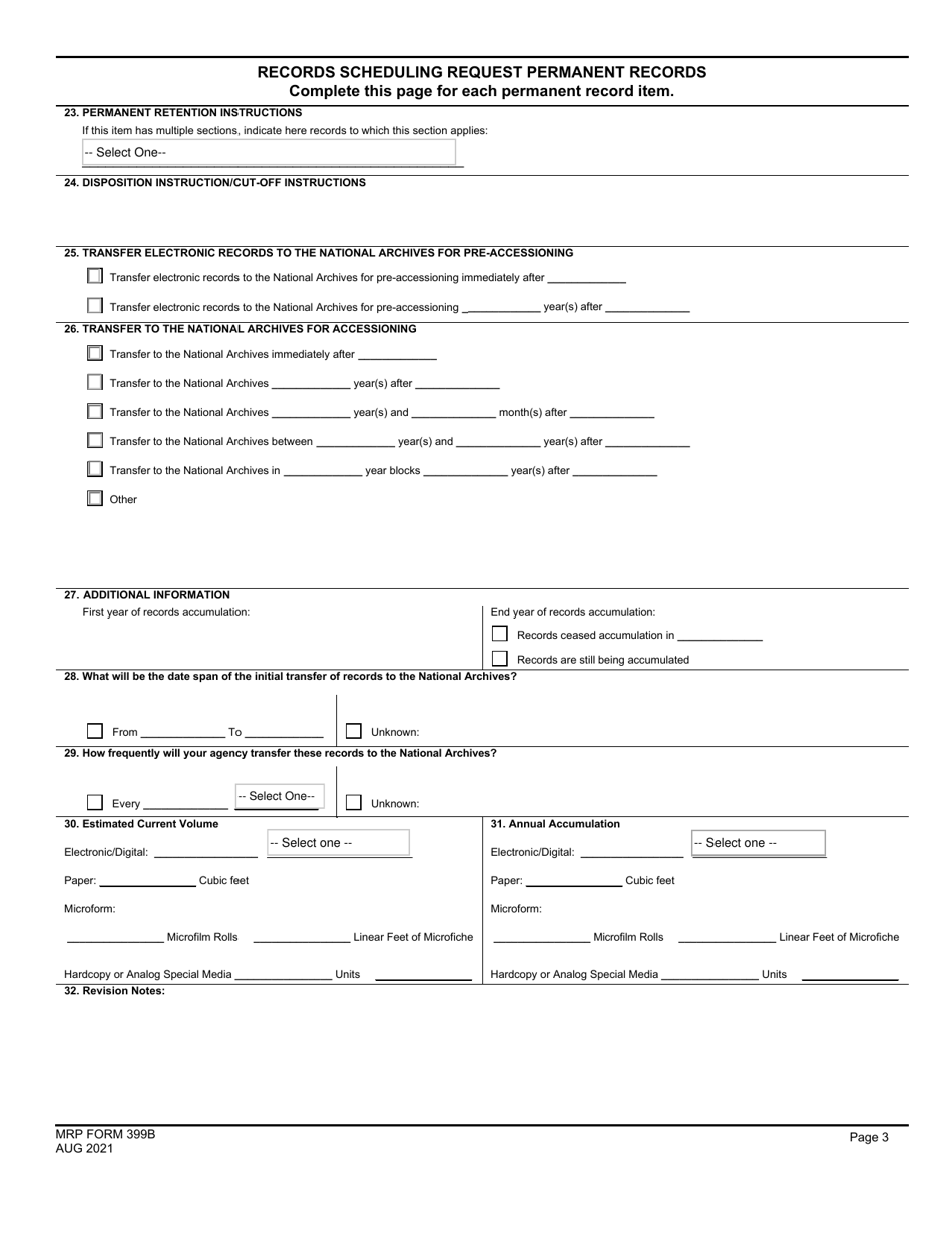 MRP Form 399B Records Scheduling Request Permanent Records, Page 1