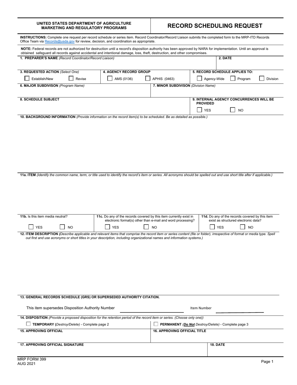 MRP Form 399 Record Scheduling Request, Page 1