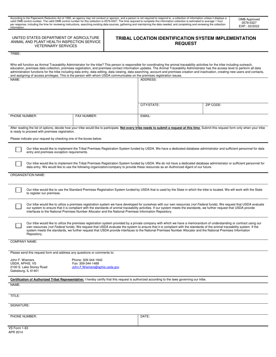 VS Form 1-63 Tribal Location Identification System Implementation Request, Page 1