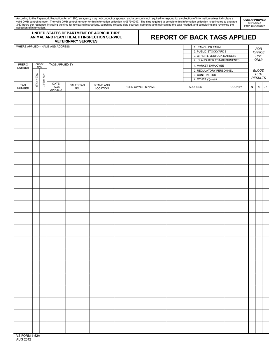 VS Form 4-52A Report of Back Tags Applied, Page 1