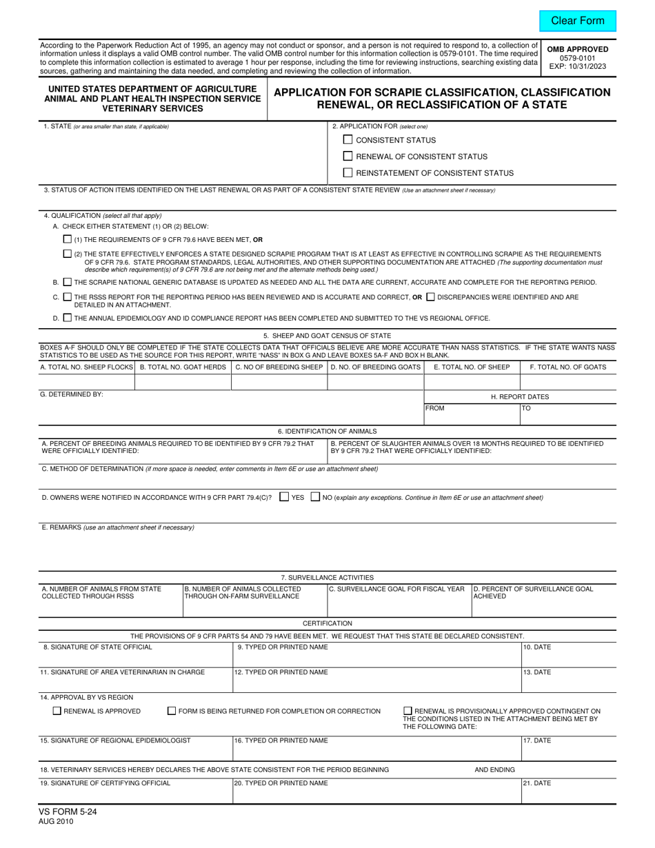 VS Form 5-24 Application for Scrapie Classification, Classification Renewal, or Reclassification of a State, Page 1